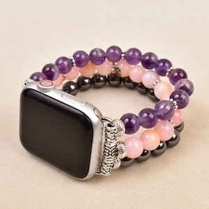 Rose Quartz Amethyst Hematite Watch Band for Apple Watch - Healing Stone Replacement Band, Stylish Crystal Jewelry Accessory