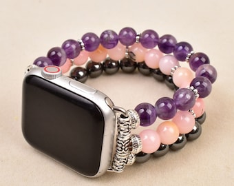 Cinturino per Apple Watch in quarzo rosa, ametista, ematite - Cinturino sostitutivo con pietra curativa, elegante accessorio di gioielleria in cristallo