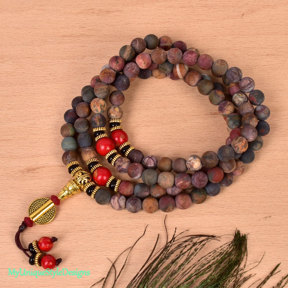 Pulsera de oración Mala de 108 cuentas, jaspe rojo de arroyo, piedra preciosa natural, meditación, alivio de la ansiedad, regalo de joyería para la paz interior