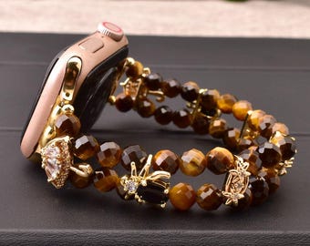 Tiger Eye Gold Accent Bead Band for Apple Watch 38-49mm: Adjustable Handmade Bracelet Strap