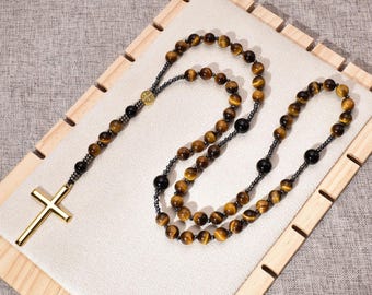 Katholische Rosenkranzkette mit AAAAAA-Tigeraugenperlen und Kreuzanhänger aus Edelstahl, religiöser Herrenschmuck, christliche Halskette