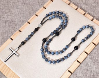 Collier chapelet catholique pour homme, agate patinée et pendentif croix en acier inoxydable, bijoux religieux durables vintage, chapelet noir pour homme