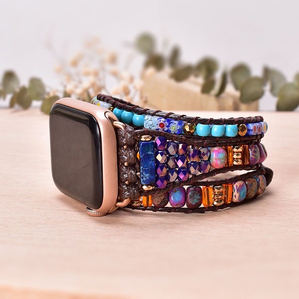 Natural Stone Crystal Turquoise Apple Watch Band 38-45MM Smart Watch Strap Wrap Rope Wristwatch Band Armband Women Jewelry