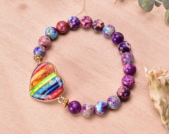 Healing Heart Chakra Bracelet - Purple-Blue Jasper - Stretchy Elastic Bangle