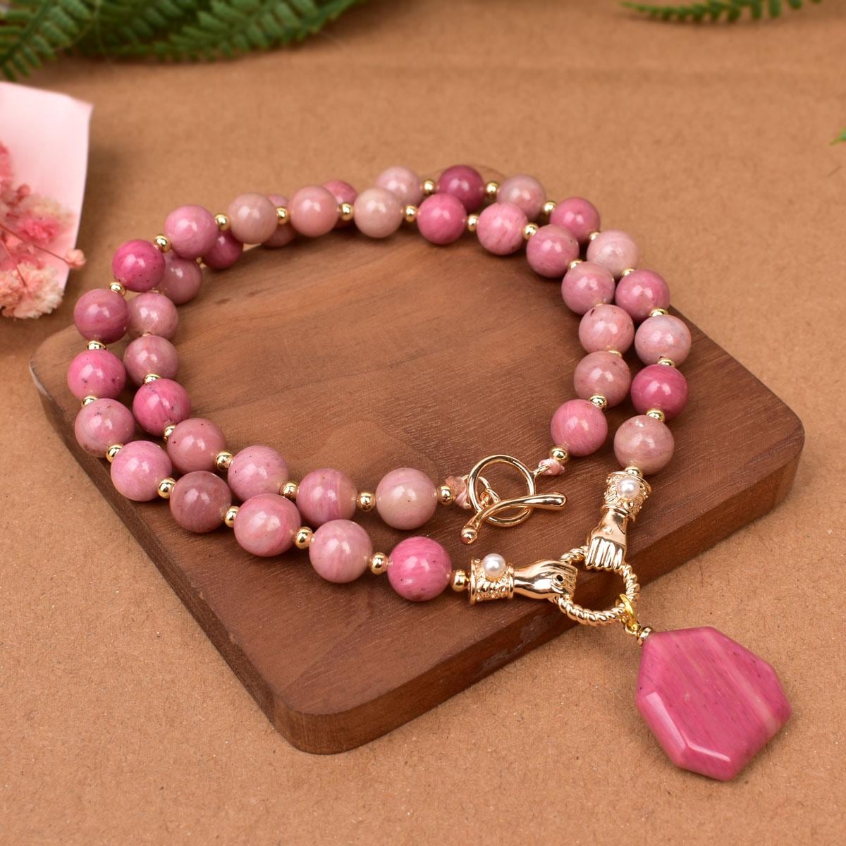 Taddart Minerals - Collana rosa pepita nera in rodonite naturale