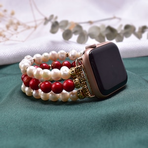 Freshwater Pearl & Red Coral Watch Band for Apple Watch 38mm-45mm Stylish Strap Bracelet