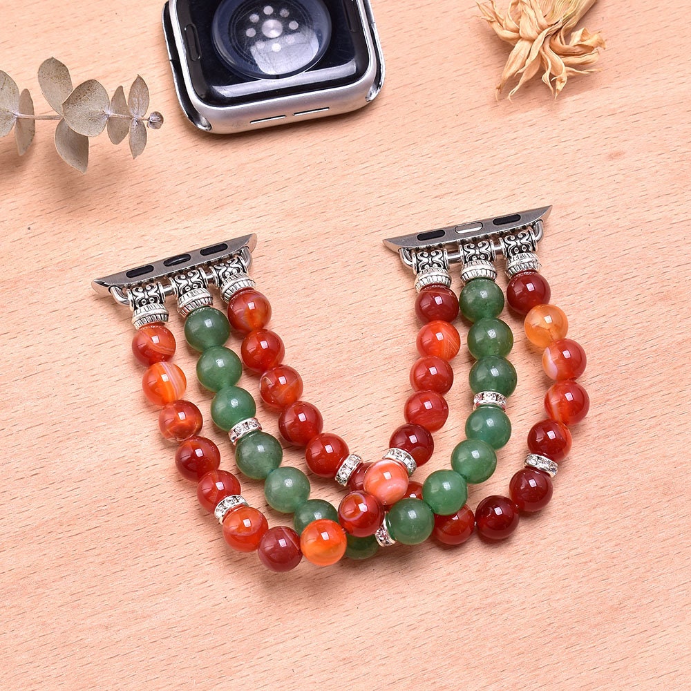 Carnelian & Green Aventurine Beaded Silver Watch Band for  display picture 2