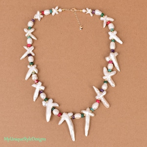 Handmade Irregular Freshwater Pearls Beaded Necklace with Cross Shaped