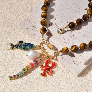 Tiger Eye Agate Beads and 3D Koi Fish Lobster Baroque Pearl Choker Necklace Handmade Statement Jewelry for Women, Gold Pendant, Gift for Her