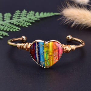 Gold Copper Wire Wrapped Chakra Heart Rainbow Cuff Bangle
