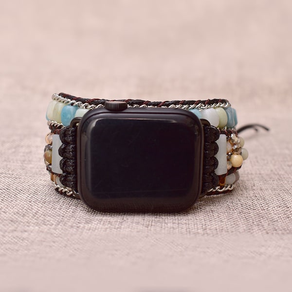 Handmade Amazonite Beaded Watch Strap Apple Watch Wrap Band Bracelet With Natural Stone Beads Vegan