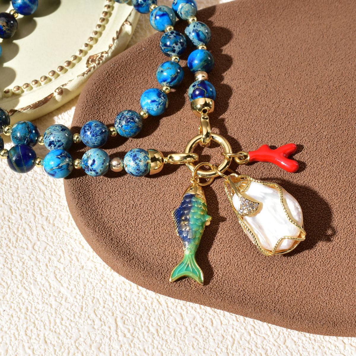 Ocean Jasper Beaded Necklace With 3D Fish Charm & Baroque Pearl Gold