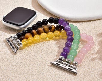 Natural Gemstone Beaded Watch Band for Apple Watch, Custom Bracelet Strap for Women 38-49mm, Amethyst Tiger Eye Rose Quartz, Gift for Her