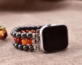 Beaded Silver Watch Band for Apple Watch Women 38mm 40mm 44mm 45mm - Carnelian & Hematite Apple Watch Strap