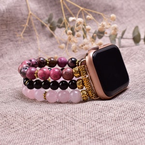Rose Quartz Black Onyx Rhodonite Beaded Watch Band for Apple Watch - Stylish Gemstone Replacement Strap