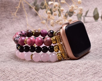 Cinturino per Apple Watch con perline in quarzo rosa, onice nero e rodonite - Elegante cinturino di ricambio con pietre preziose