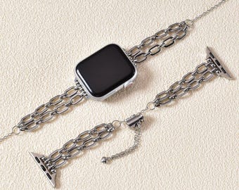 Correa de acero inoxidable plateada para Apple Watch: correa de cadena metálica ajustable, accesorio duradero y elegante.