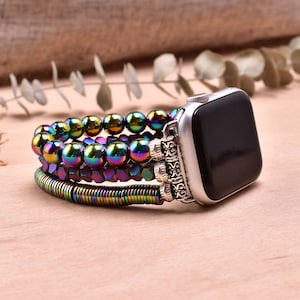 Beaded Watch Band for Apple Watch - Rainbow Hematite Scalable Elastic Strap, Stretch Bead Replacement Wristband