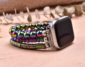 Beaded Watch Band for Apple Watch - Rainbow Hematite Scalable Elastic Strap, Stretch Bead Replacement Wristband