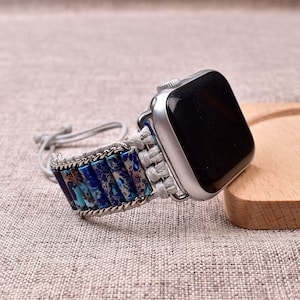 Blue Jasper Beaded Watch Band for Apple Watch - Handmade Silver Bracelet Replacement Strap, Unique Gift for Apple Watch Series