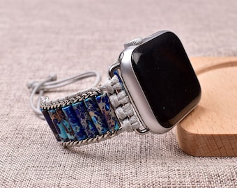 Correa de reloj con cuentas de jaspe azul para Apple Watch: correa de repuesto de pulsera de plata hecha a mano, regalo único para la serie Apple Watch.