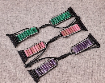 Natural Stone Watch Band for Apple Watch 38mm 45mm - Black Rhodonite & Amethyst Women’s Strap