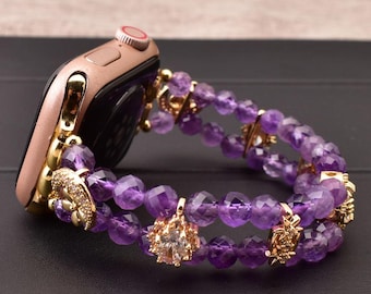 Amethyst Beaded Watch Band for Apple Watch 38mm-49mm Women’s Natural Stone Stretch Bracelet Strap