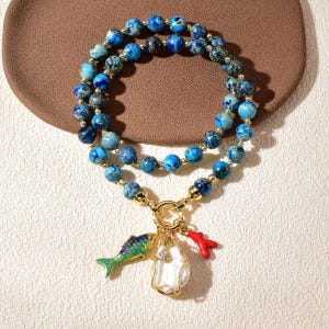 Ocean Jasper Beaded Necklace with 3D Fish Charm & Baroque Pearl Gold Pendant, Handmade Statement Jewelry Gift for Women