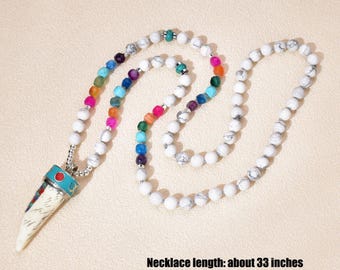 Natural Howlite Boho Long Necklace with Colored Agate Knotted Beads and Horn Pendant, Women's Bohemia Jewelry, Layered Gemstone Necklace