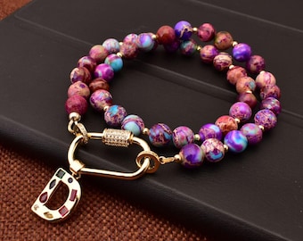 Purple Jasper Carabiner Initial Necklace Natural Stone Beaded Necklace Personalized Jewelry Gift