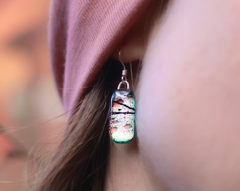 Pastel Pink Dichroic Glass Drop Earrings: Pale pink Dangle drops. Sterling Silver Handmade Dangles from the Lake District. christmas gift