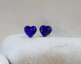 Deep Purple and Indigo Heart Shaped Stud Earrings - Fused Glass and Sterling Silver Mother's Day Gift for Mum