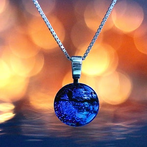 Sapphire blue fused glass pendant on a sterling silver necklace, cobalt blue pendant, jewellery gift for her, dichroic glass