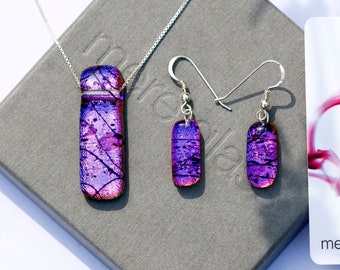 Conjunto de joyas con colgante y aretes de vidrio fundido púrpura, joyería de vidrio dicroico hecha a mano, plata de ley 925