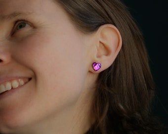 Pink and Purple Heart Shaped Stud Earrings - Fused Glass and Sterling Silver - Handmade Earrings