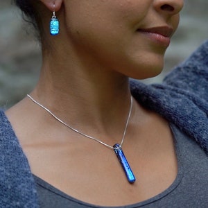Fused Glass Sterling Silver Pendant Necklace: Ice Blue Dichroic Jewelry