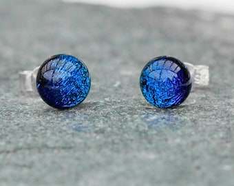 Sapphire Blue fused glass earrings, sterling silver posts, gift for her under 25