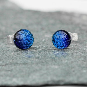 Sapphire Blue fused glass earrings, sterling silver posts, gift for her under 25