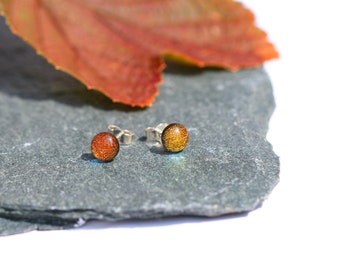 Multicoloured orange and yellow fused glass earrings on silver posts, autumn colours, gift for her under 25