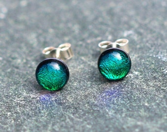 Emerald Green round stud glass earrings, sterling silver