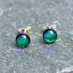 Emerald Green round stud glass earrings, sterling silver