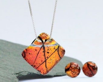 matching ring Fused glass pendant and earrings sterling silver gift for her