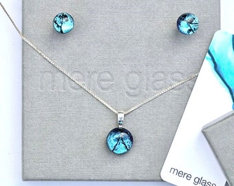 matching ring Fused glass pendant and earrings sterling silver gift for her