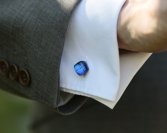 Indigo blue glass cufflinks, square cufflinks, artisan cufflinks, handmade in Cumbria. Blue wedding jewellery