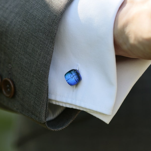 Indigo blue glass cufflinks, square cufflinks, artisan cufflinks, handmade in Cumbria. Blue wedding jewellery