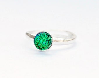 Unique Emerald Green Dichroic Glass Ring - Adjustable Sterling Silver Band
