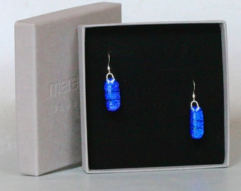 Blue fused glass earrings on sterling silver - gift for her under 30