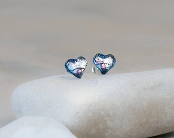 Silver Heart Shaped Stud Earrings - Fused Glass and Sterling Silver - Mother's Day gift idea under 50
