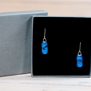 Sapphire Blue dichroic glass earrings, lozenge rectangular drop shape, 925 sterling silver loops, blue art glass jewellery in gift box