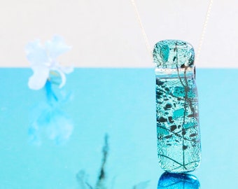 Ice blue fused glass pendant - sterling silver chain - dichroic glass - handmade pendant